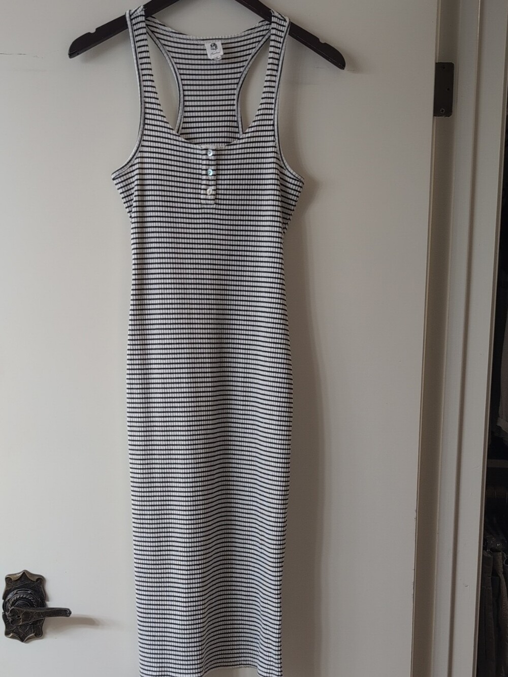 FLAWLESS Black & White Striped Ribbed Tank Midi Dress Small Fitted Racerback